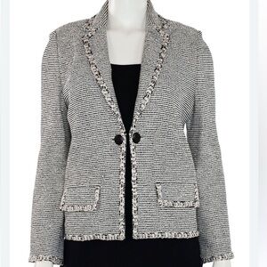 ST JOHN black white tweed knit striped blazer lady jacket size 10 Classic